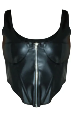 Black PU Under Bust Detail Zip Up Front Boned Corset