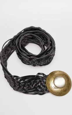 Black Pu Weave Jewel Buckle Belt