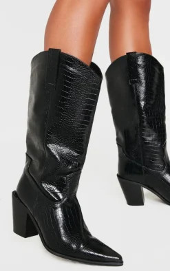 Black PU Wide Fit Croc Point Toe Knee High Western Boots