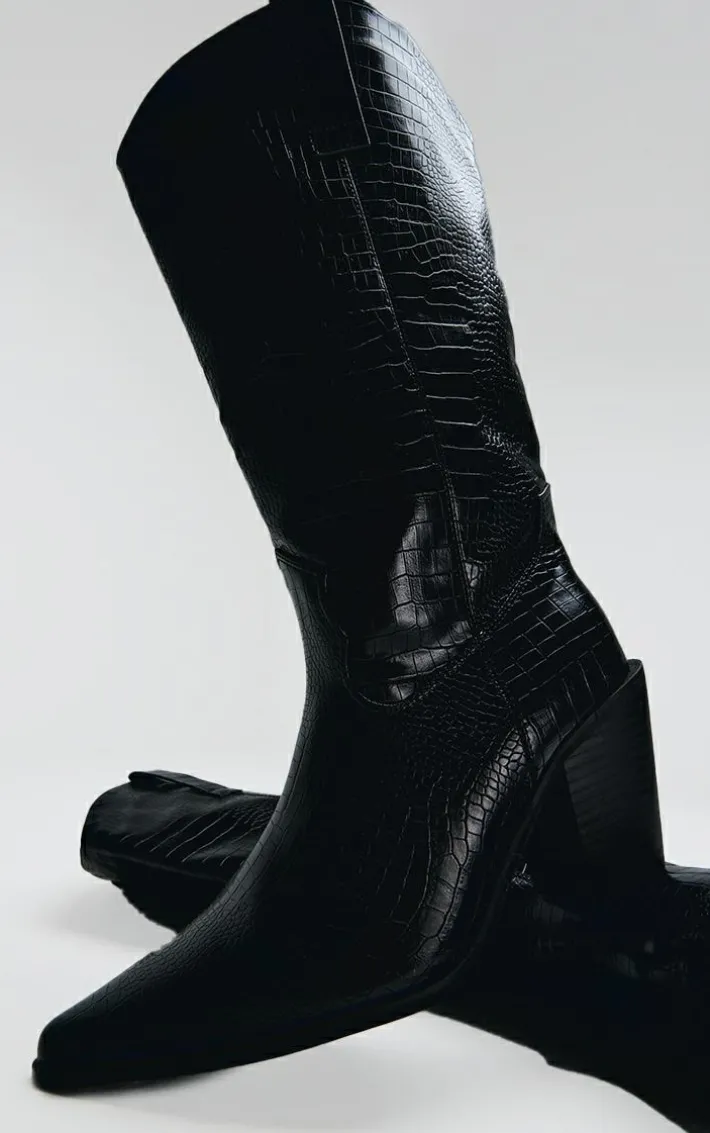 Black PU Wide Fit Croc Point Toe Knee High Western Boots