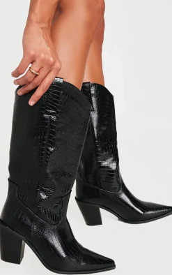 Black PU Wide Fit Croc Point Toe Knee High Western Boots