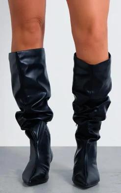 Black PU Wide Fit Gathered Low Heel Knee High Boots