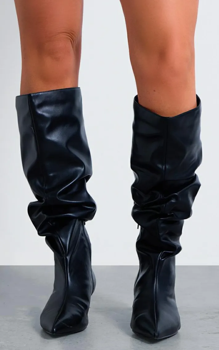 Black PU Wide Fit Gathered Low Heel Knee High Boots