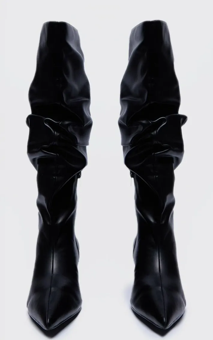 Black PU Wide Fit Gathered Low Heel Knee High Boots
