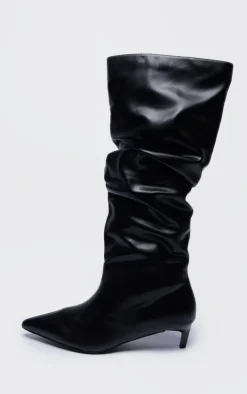 Black PU Wide Fit Gathered Low Heel Knee High Boots