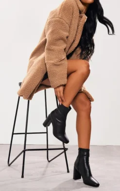 Black Pu Wide Fit Round Toe Heeled Ankle Sock Boots