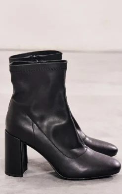 Black Pu Wide Fit Round Toe Heeled Ankle Sock Boots