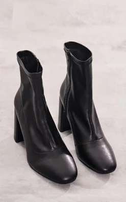 Black Pu Wide Fit Round Toe Heeled Ankle Sock Boots