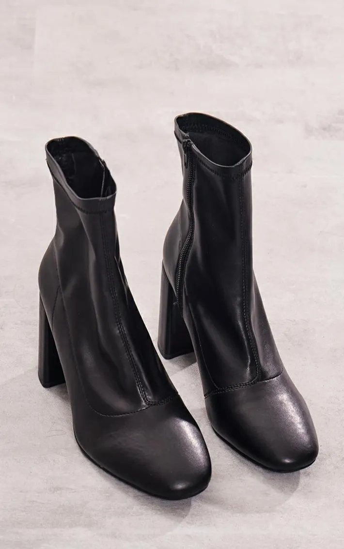 Black Pu Wide Fit Round Toe Heeled Ankle Sock Boots