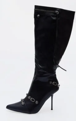 Black PU Zip Detail Point Toe Mid Heeled Knee Boots