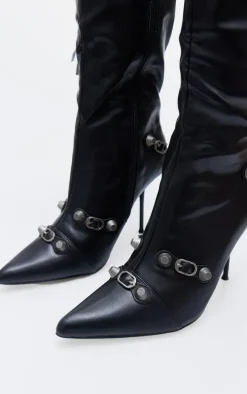 Black PU Zip Detail Point Toe Mid Heeled Knee Boots
