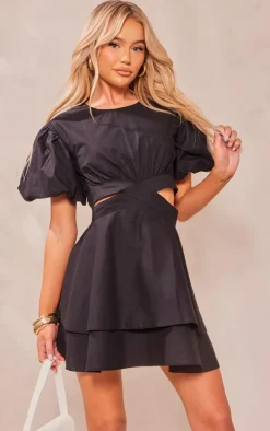 Black Puff Sleeve Cut Out Shift Dress