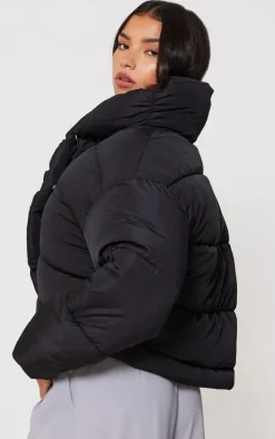 Black Quilted Asymmetric High Neck Puffer Jacket