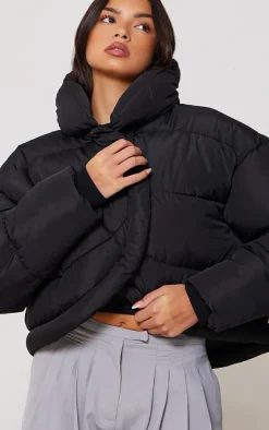 Black Quilted Asymmetric High Neck Puffer Jacket