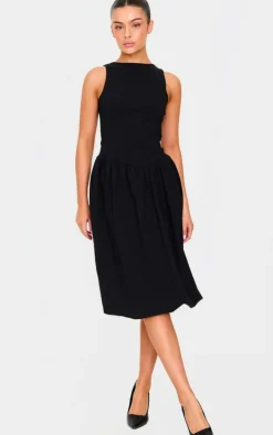 Black Racer Drop Waist Puffball Midi Dress