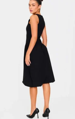 Black Racer Drop Waist Puffball Midi Dress