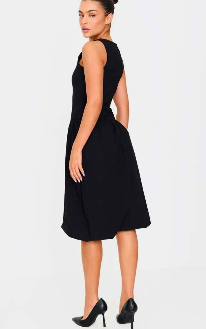 Black Racer Drop Waist Puffball Midi Dress