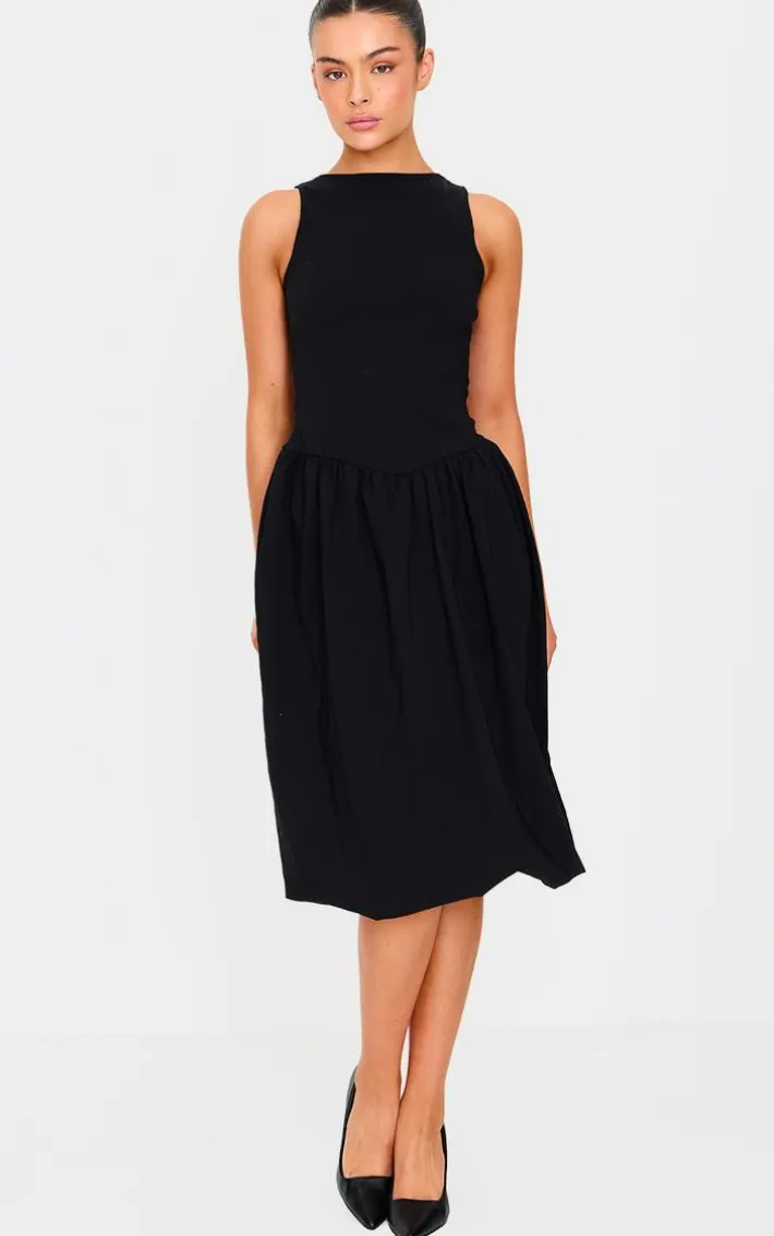 Black Racer Drop Waist Puffball Midi Dress