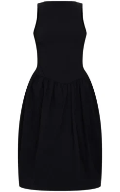 Black Racer Drop Waist Puffball Midi Dress