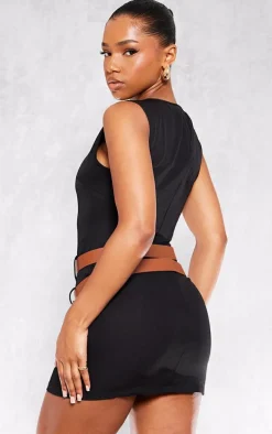 Black Racer Neck Double Belt Skort Romper