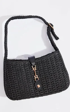 Black Raffia Clasp Detail Shoulder Bag