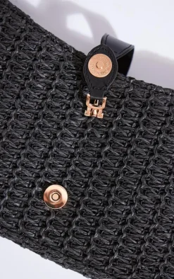 Black Raffia Clasp Detail Shoulder Bag