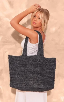 Black Raffia Large Beach Tote Bag