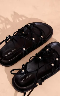 Black Real Leather Beaded Lace Up Flat Footbed Sandals
