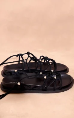 Black Real Leather Beaded Lace Up Flat Footbed Sandals