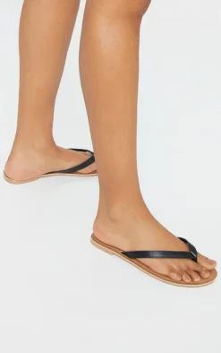 Black Real Leather Contrast Sole Toe Thong Sandals