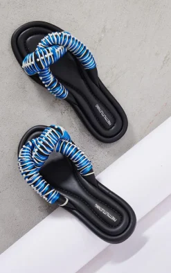 Black Real Leather Round Toe Padded Contrast Strap Pearl Detail Sandals