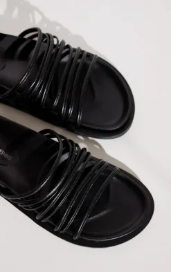 Black Real Leather Round Toe Strap Detail Footbed Sandals