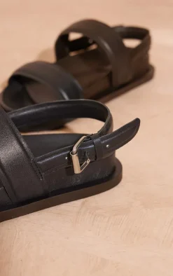 Black Real Leather Round Toe Strap Flatbed Sandals