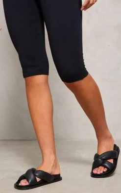 Black Real Leather Round Toe Strap Over Quilted Strap Footbed Sandals