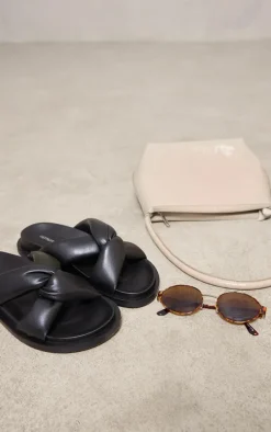 Black Real Leather Round Toe Strap Over Quilted Strap Footbed Sandals