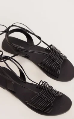 Black Real Leather Round Toe Woven Lace Up Flat Sandals