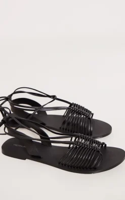Black Real Leather Round Toe Woven Lace Up Flat Sandals