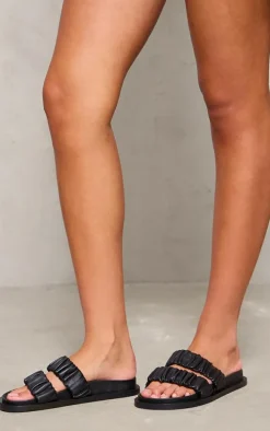 Black Real Leather Round Toe Ruched Detail Strap Footbed Sandals