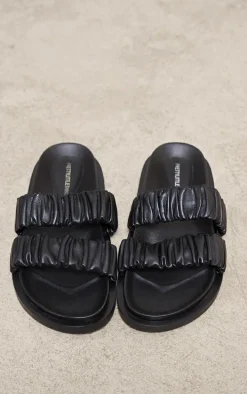 Black Real Leather Round Toe Ruched Detail Strap Footbed Sandals