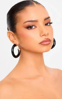 Black Resin Trim Chunk Hoop Earrings