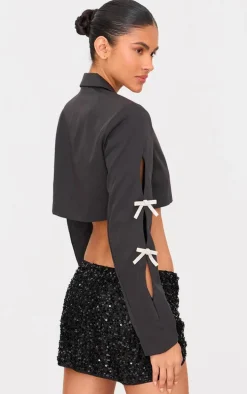 Black Rhinestone Bow Detail Cropped Blazer