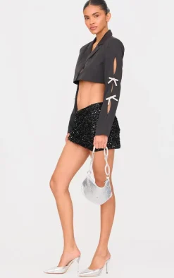 Black Rhinestone Bow Detail Cropped Blazer