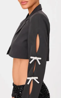 Black Rhinestone Bow Detail Cropped Blazer