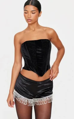 Black Rhinestone Panelled Velvet Corset