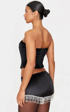 Black Rhinestone Panelled Velvet Corset