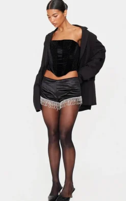 Black Rhinestone Panelled Velvet Corset