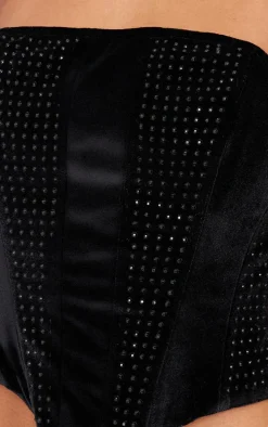 Black Rhinestone Panelled Velvet Corset