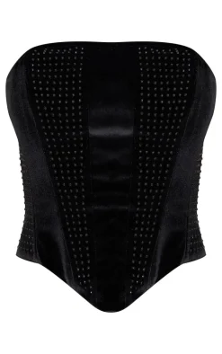Black Rhinestone Panelled Velvet Corset