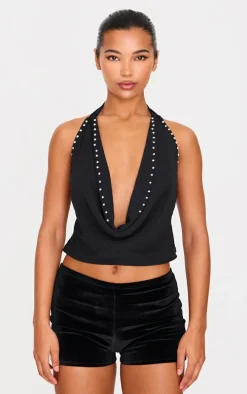 Black Rhinestone Studded Chiffon Long Top