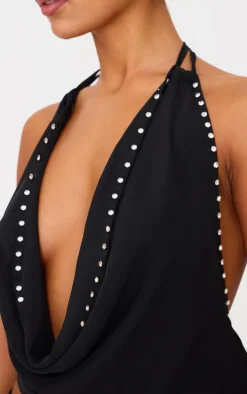 Black Rhinestone Studded Chiffon Long Top
